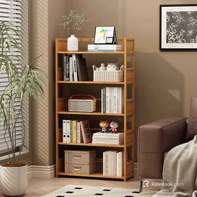 Multi layered Wooden Bookshelf with Books Photo Frame Storage Boxes and Plush Toy in Home Living Area 3d model 
