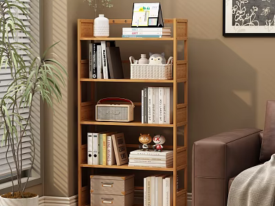 Multi layered Wooden Bookshelf with Books Photo Frame Storage Boxes and Plush Toy in Home Living Area 3d model
