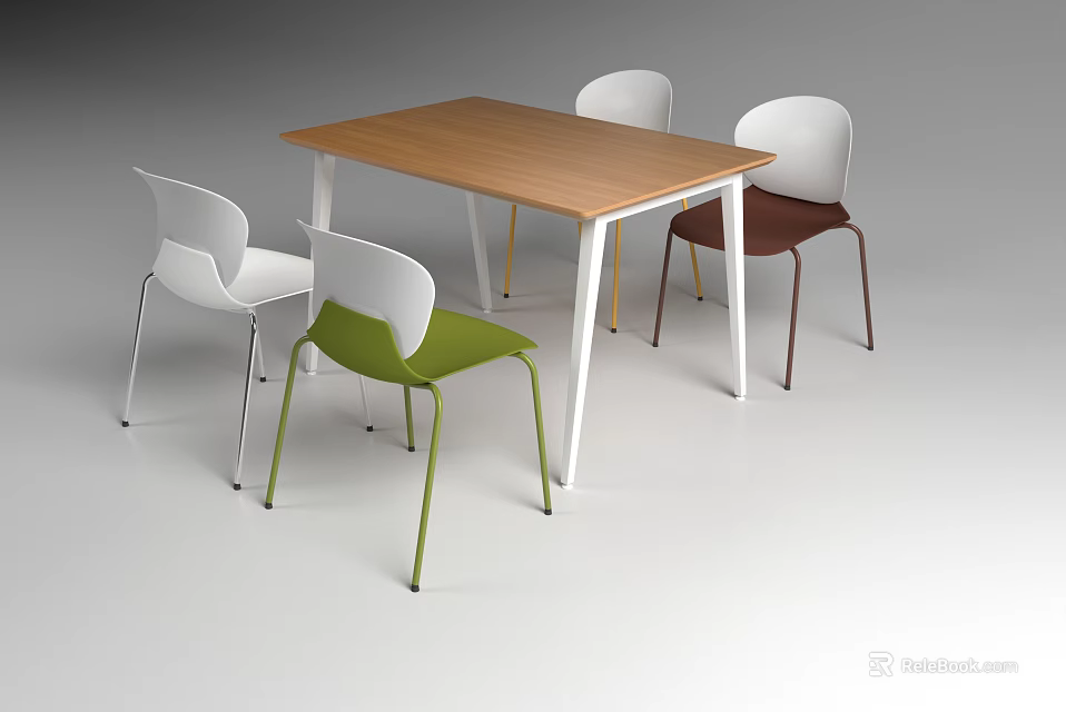 Modern Minimalist Wooden Table With White Legs And Multicolored Metal Leg Chairs Set 3d model 