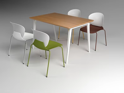 Modern Minimalist Wooden Table With White Legs And Multicolored Metal Leg Chairs Set 3d model