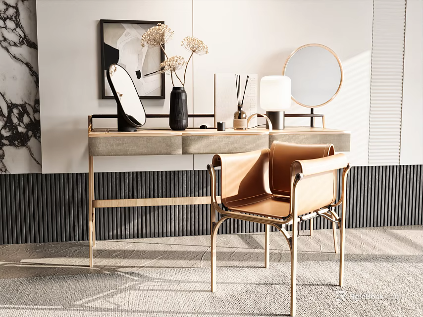 Elegant Modern Dressing Table With Round Mirror Leather Chair And Decorative Lamp 3d model