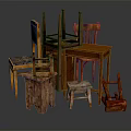 Vintage Wooden Outdoor Table with Carved Designs and Various Old Furniture Pieces