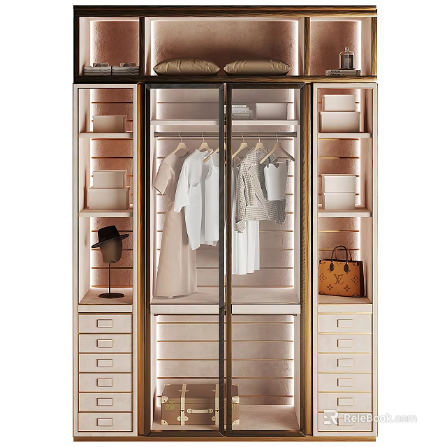 Elegant Modern Wardrobe With Glass Doors Hanging Clothes Drawers And Gold Accents 3d model 