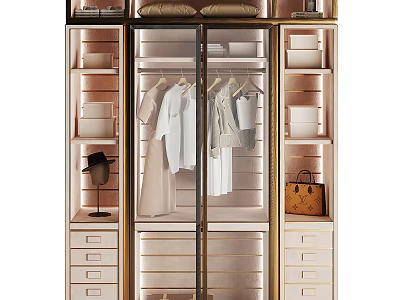 Elegant Modern Wardrobe With Glass Doors Hanging Clothes Drawers And Gold Accents 3d model
