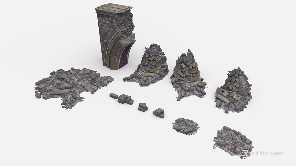 Architectural Components Including Ruined Stone Arch And Scattered Brick Fragments 3d model