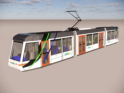 Modern Electric Tram With Colorful Green Orange Stripes And Large Passenger Windows 3d model