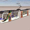 Modern Electric Tram With Colorful Green Orange Stripes And Large Passenger Windows