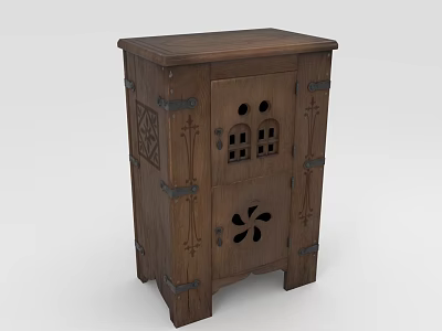 Wooden Cabinet With Carved Designs Featuring Metal Hardware Hinges And Small Window Ventilation Hole Details 3d model