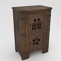 Wooden Cabinet With Carved Designs Featuring Metal Hardware Hinges And Small Window Ventilation Hole Details