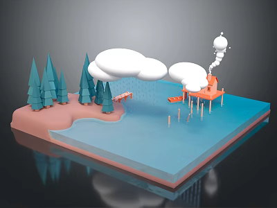 Cartoon Scene With Blue Water Pink Land Green Trees White Clouds And Orange House 3d model