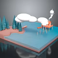 Cartoon Scene With Blue Water Pink Land Green Trees White Clouds And Orange House