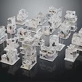 Detailed White Architectural Model Components Showcasing Miniature Building Structures And Diverse Shapes 3d model