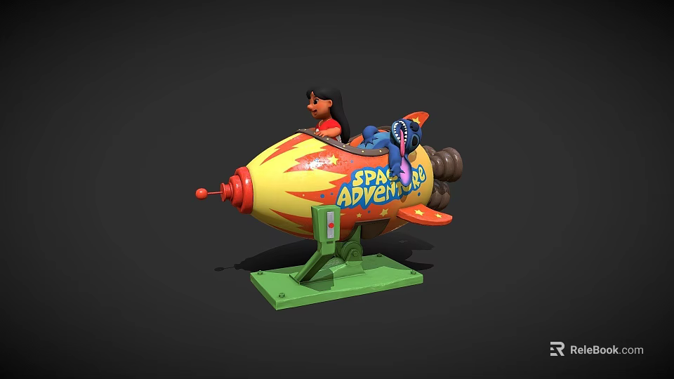 SPAX ADVENTURE Rocket Shaped Playground Ride With Cartoon Characters And Green Base 3d model 