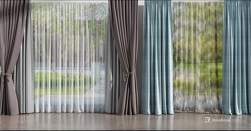 Gray Blue Curtains With Sheer Panels In Bright Indoor Space With Outdoor Green View 3d model 