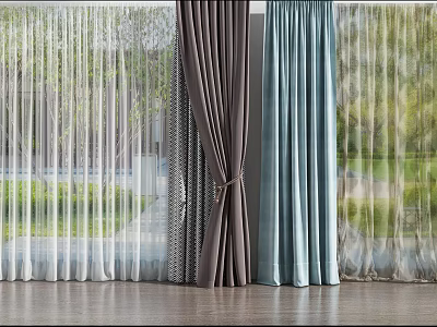 Gray Blue Curtains With Sheer Panels In Bright Indoor Space With Outdoor Green View 3d model