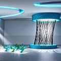 Indoor Art Installation Featuring Blue Circular Structure Black Woven Lines Colorful Chairs And Wall Decorations