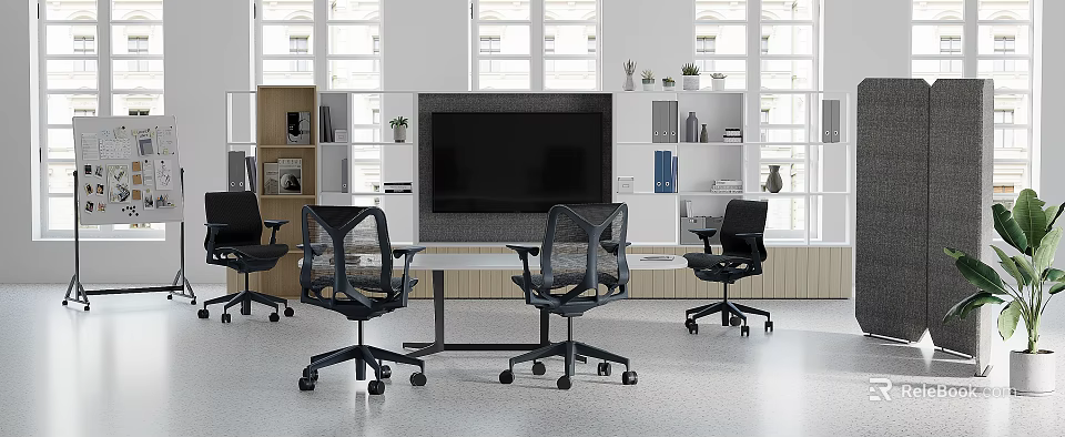 Modern Conference Room Interior With Meeting Table Ergonomic Chairs And Large Screen TV 3d model 