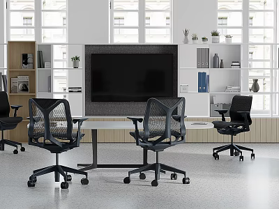 Modern Conference Room Interior With Meeting Table Ergonomic Chairs And Large Screen TV 3d model