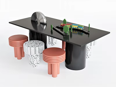 Black Kids Table with Toys Train Blocks Plant and Pink Striped Design Stools 3d model