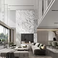 Modern Duplex Living Room Interior Design With Marble Accent Wall And Floor to Ceiling Windows