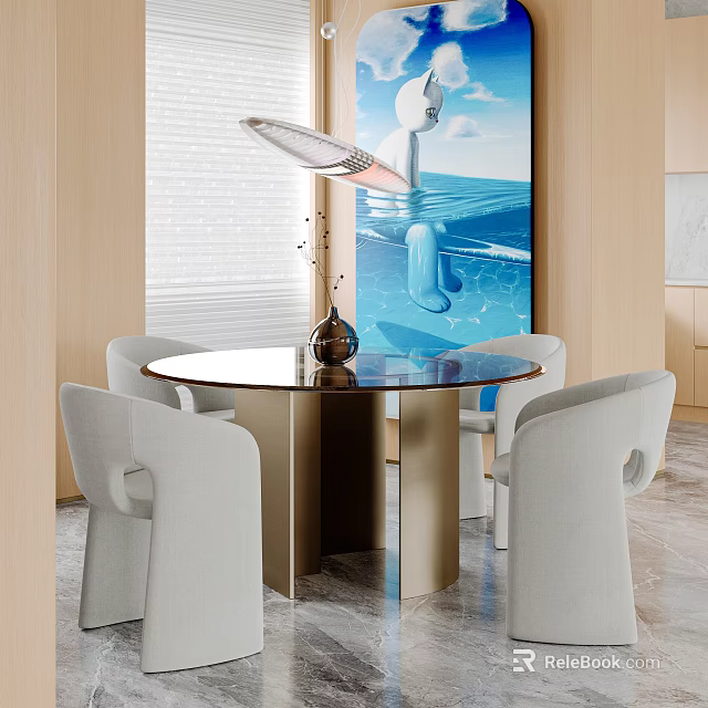 Modern Dining Table Set With White Chairs And Round Glass Top Design 3d model