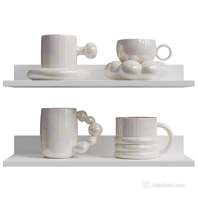 Unique Ceramic Tableware Set With Different Handle Styles And White Glossy Finish Displayed On Shelves 3d model 