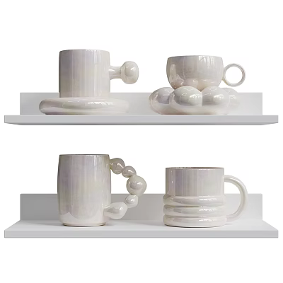 Unique Ceramic Tableware Set With Different Handle Styles And White Glossy Finish Displayed On Shelves 3d model