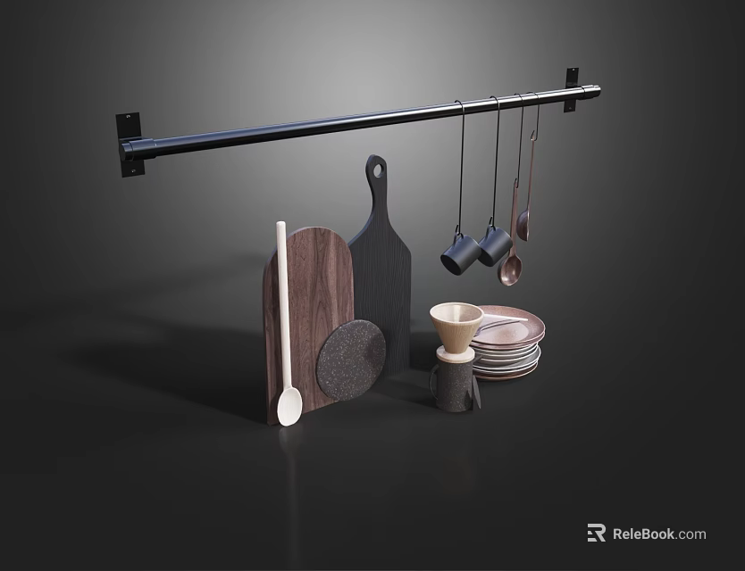 Elegant Kitchen Utensils Set With Hanging Rod Wooden Cutting Board And Ceramic Plates 3d model 