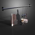 Elegant Kitchen Utensils Set With Hanging Rod Wooden Cutting Board And Ceramic Plates