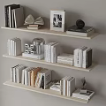 Books and Magazines Neatly Arranged on Wooden Bookshelves with Decorative Lamp Sculpture and Open Book