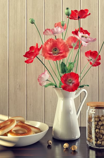Cookies in White Bowl and Nuts in Glass Jar with Decorative Flowers on Wooden Table 3d model