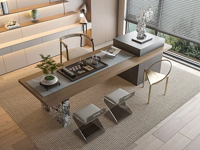 Modern Wooden Tea Table and Chairs with Tea Set Small Plant and Window View Interior 3d model