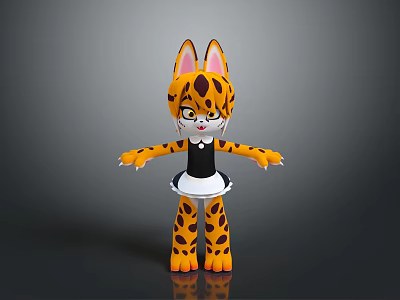 Cute 3D Cartoon Leopard Cat Character With Pink Ears Black Top And White Apron 3d model