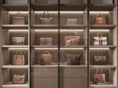 Elegant Leather Bags In Various Colors And Styles On Wooden Display Shelves 3d model