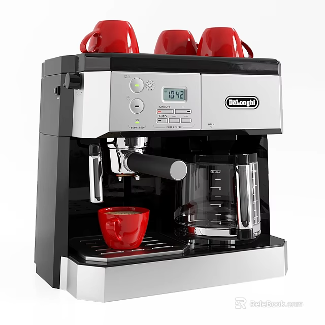 DeLonghi Coffee Machine With Red Cups Digital Display And Black Silver Design 3d model