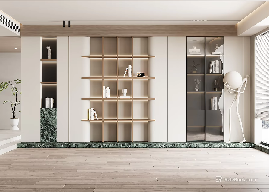 Modern Bookcase Interior Design With Open Shelves Glass Doors And Marble Base 3d model 