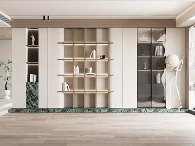 Modern Bookcase Interior Design With Open Shelves Glass Doors And Marble Base 3d model