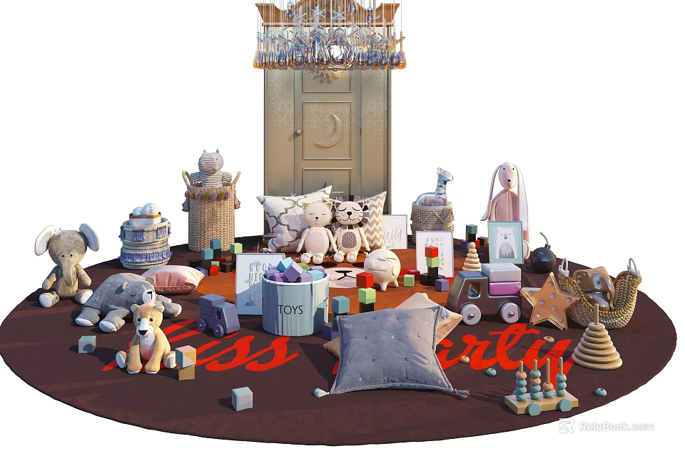 Various Stuffed Dolls And Plush Toys On Mat With Pillows Building Blocks And Accessories 3d model 