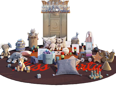 Various Stuffed Dolls And Plush Toys On Mat With Pillows Building Blocks And Accessories 3d model