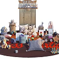 Various Stuffed Dolls And Plush Toys On Mat With Pillows Building Blocks And Accessories