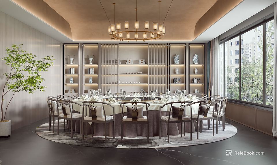 Elegant Private Dining Room Interior With Round Dining Table Glass Door Cabinets And Chandelier 3d model 