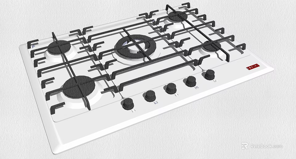 Modern Gas Stove Cooktop With Black Burners Control Knobs White Ceramic Panel 3d model 