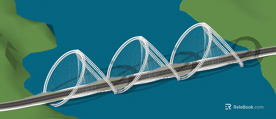 Modern White Arched Bridge Structure Over Blue Water With Green Land 3d model
