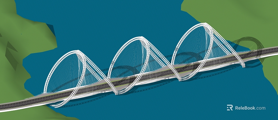 Modern White Arched Bridge Structure Over Blue Water With Green Land 3d model 