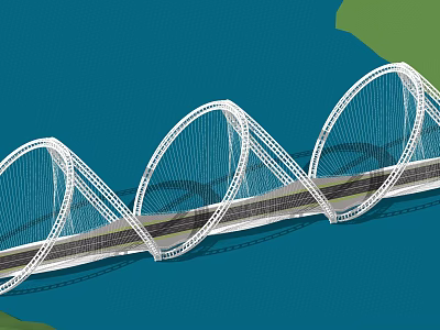 Modern White Arched Bridge Structure Over Blue Water With Green Land 3d model