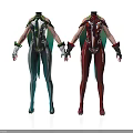 Futuristic Teal And Burgundy Fitted Costumes With Armor Like Details And Gloves