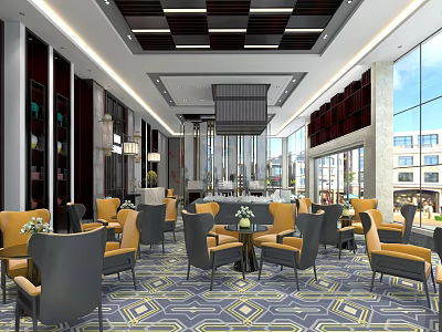 Sales Office Interior With Yellow And Gray Chairs Tables Large Windows And Ceiling Decorations 3d model