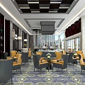 Sales Office Interior With Yellow And Gray Chairs Tables Large Windows And Ceiling Decorations