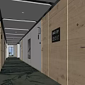 Hotel Corridor Interior With Wooden Walls Green Bamboo Leaf Carpet And Ceiling Lights