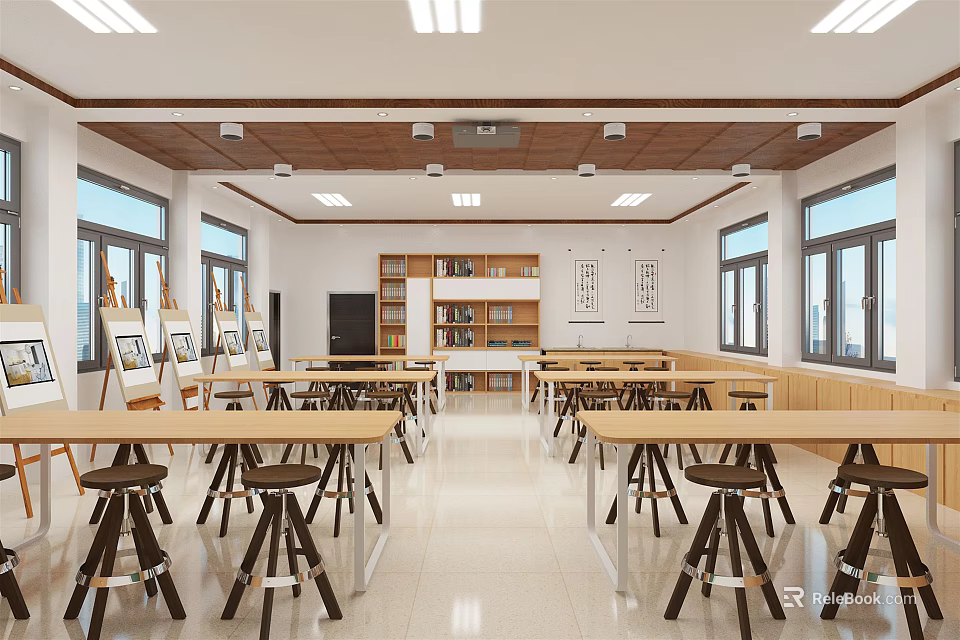 Bright Modern School Classroom Interior With Wooden Tables Bookshelves And Large Windows 3d model 
